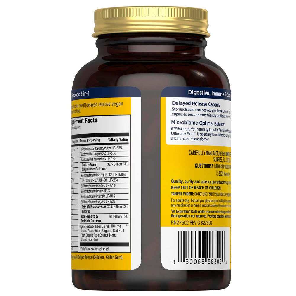 Renew Life Ultimate Flora Men 65B CFU label highlighting dairy-free and gluten-free features.