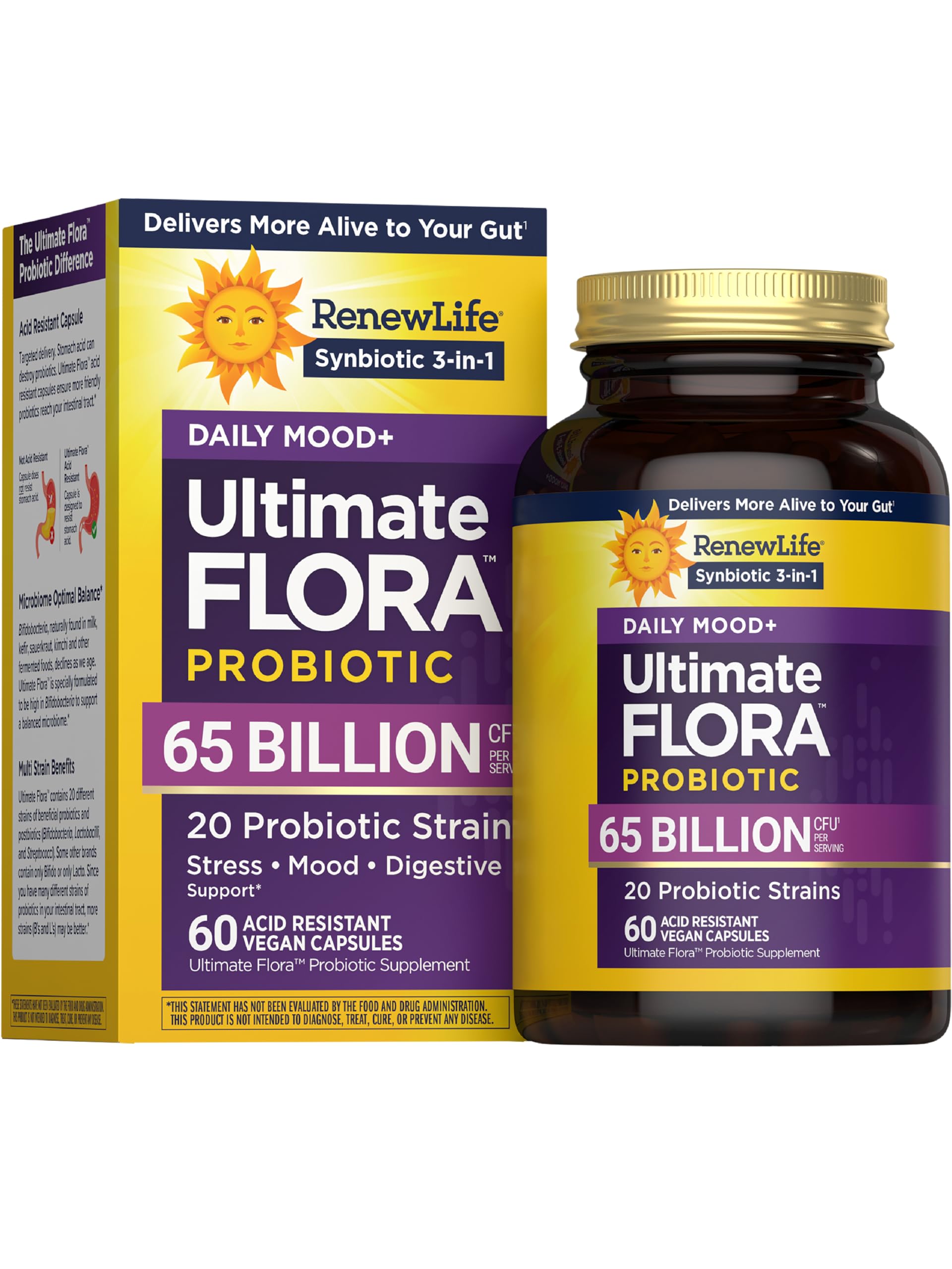 Renew Life Ultimate Flora Mood bottle front for daily probiotic balance.