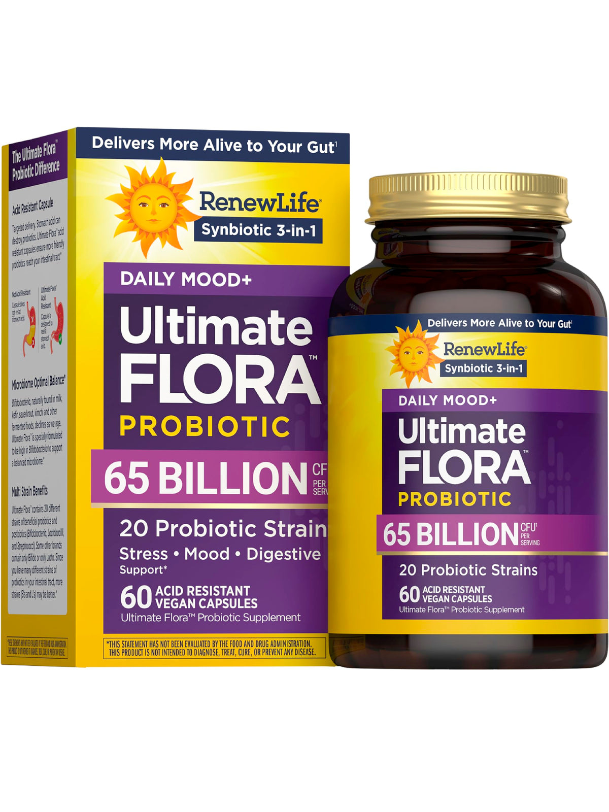 Renew Life Ultimate Flora Mood bottle front for daily probiotic balance.