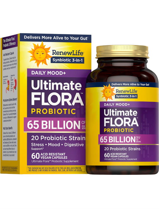 Renew Life Ultimate Flora Mood bottle front for daily probiotic balance.