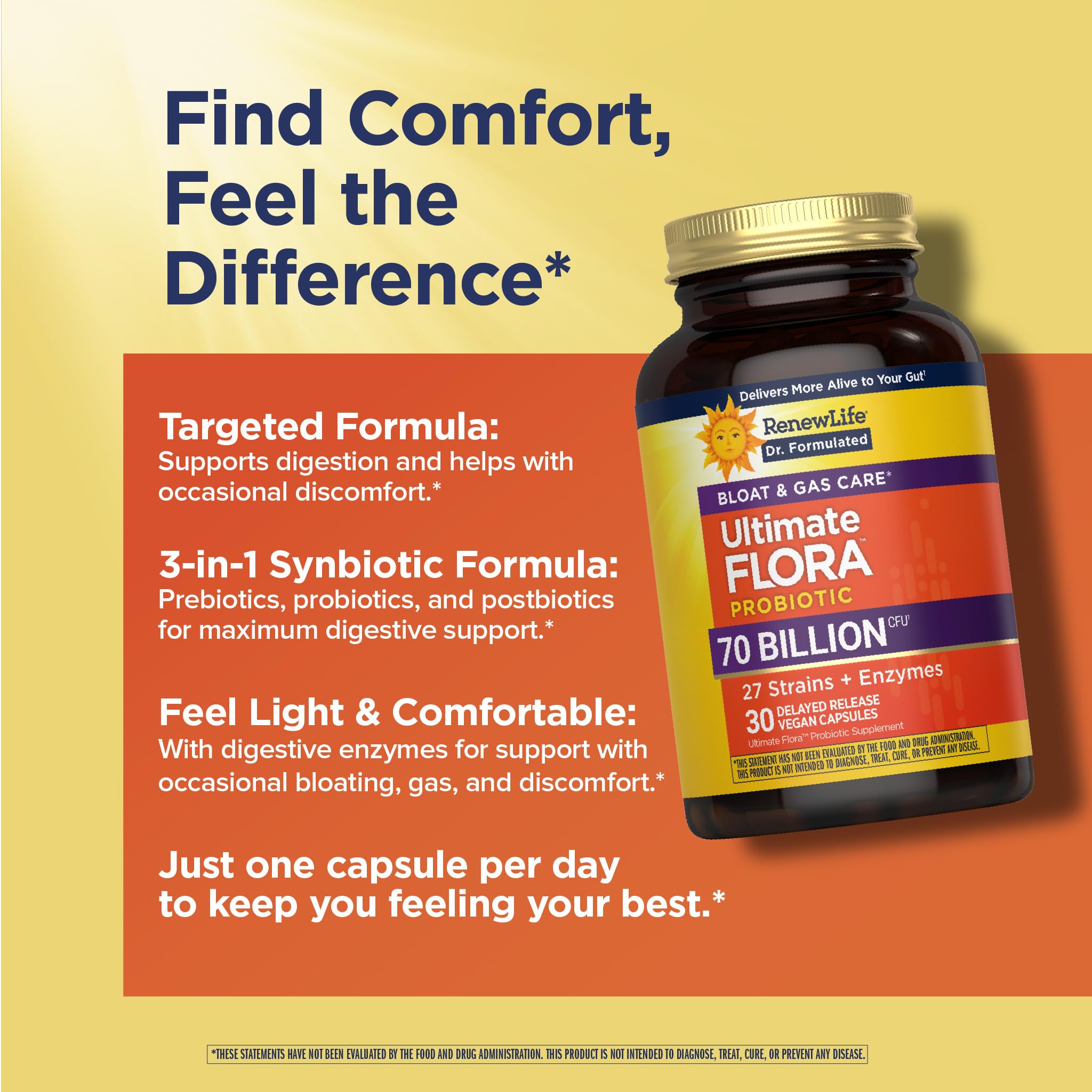 Renew Life Ultimate Flora synbiotic 3in1 image shows probiotics, prebiotics, postbiotics