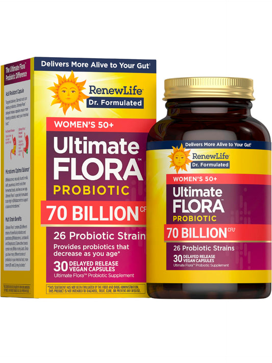 Renew Life Ultimate Flora for Women 50+ bottle with 70 Billion CFU and vegan capsules.