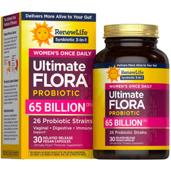Renew Life Ultimate Flora Women 65B CFU bottle shows daily capsules supporting vaginal, digestive, and immune balance.