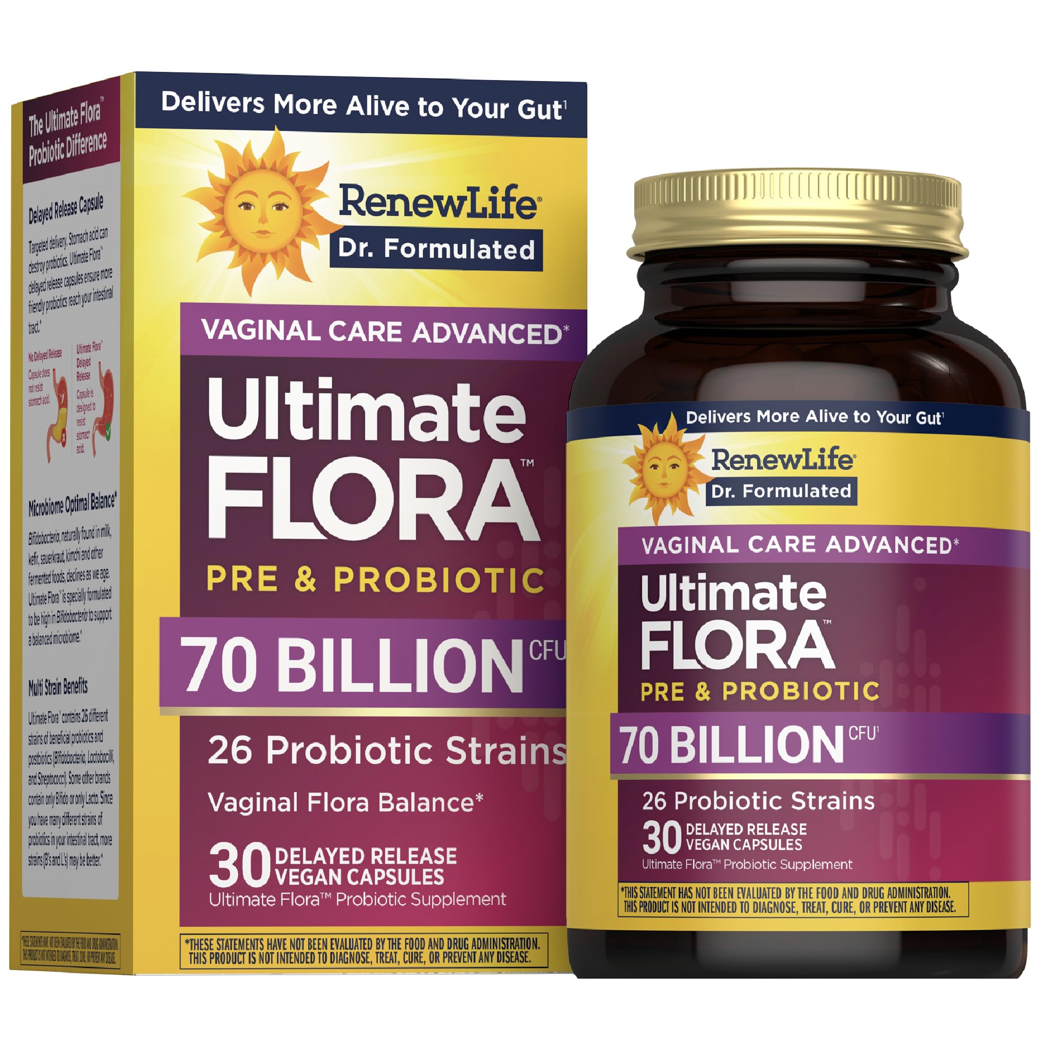 Renew Life Ultimate Flora Women bottle with capsules for daily vaginal and digestive support.