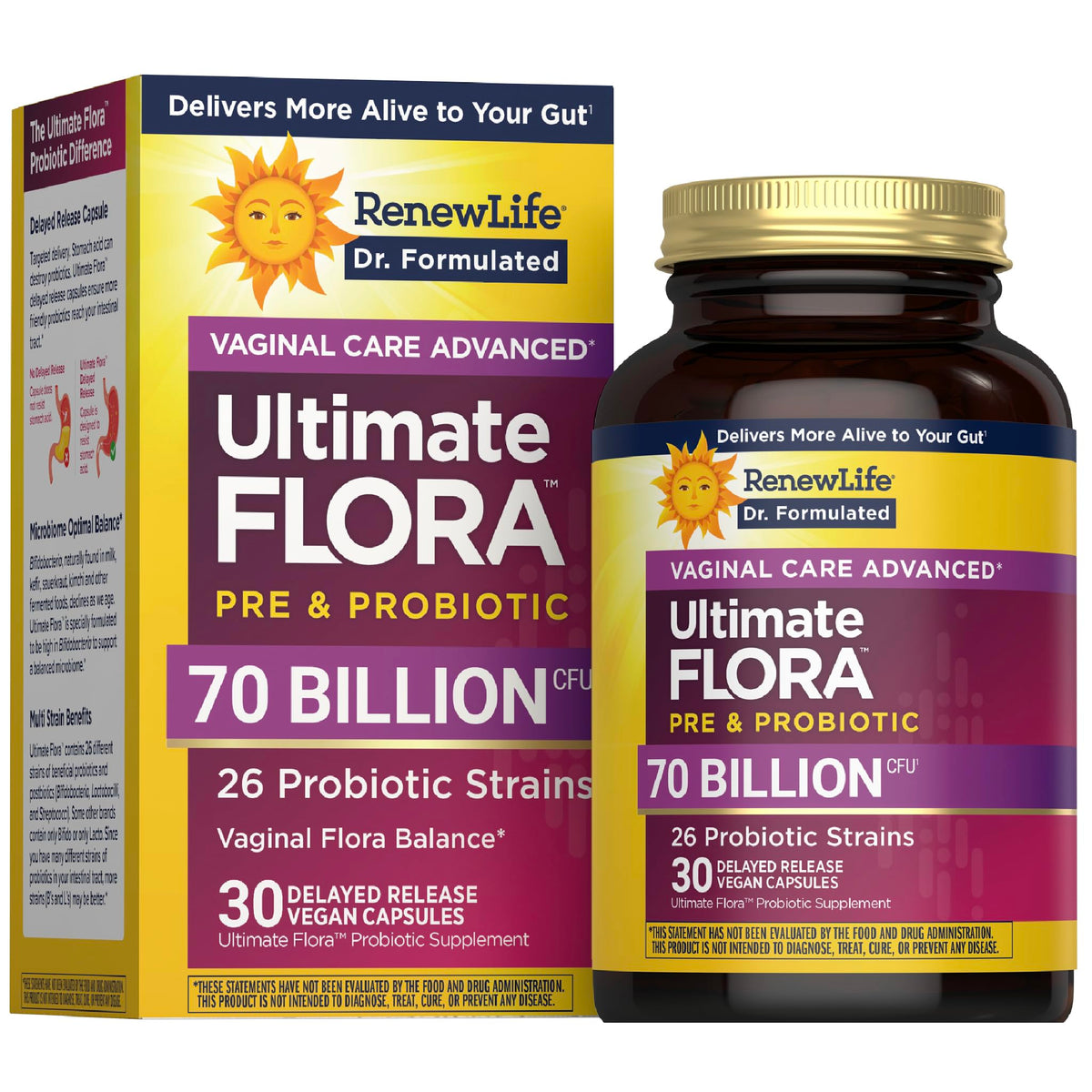 Renew Life Ultimate Flora Women bottle with capsules for daily vaginal and digestive support.