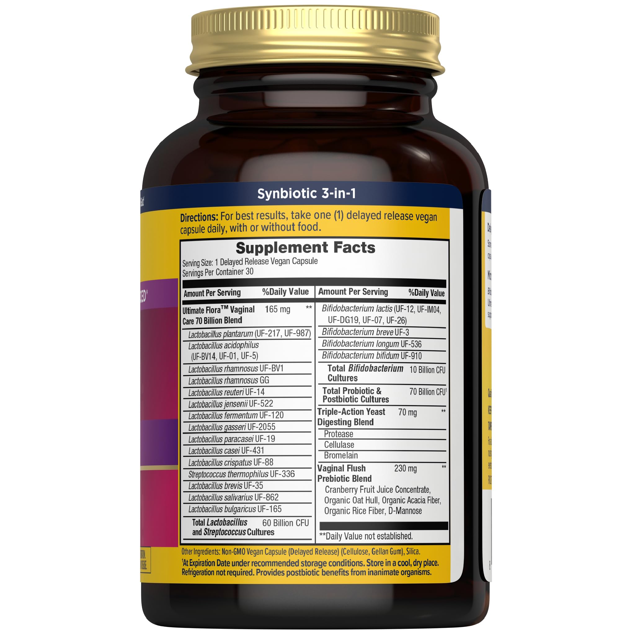 Renew Life Ultimate Flora Women capsules show vegan formula for daily balance.