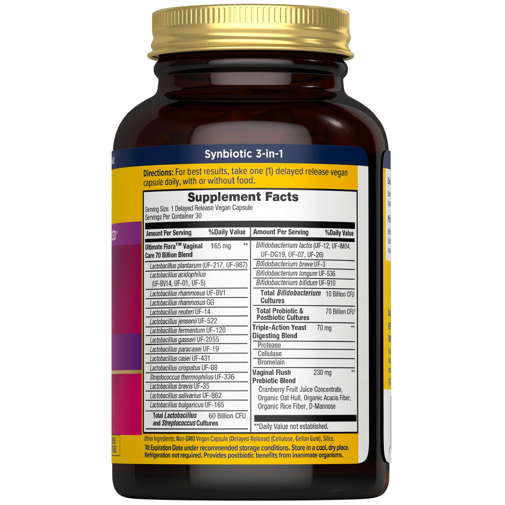 Renew Life Ultimate Flora Women capsules show vegan formula for daily balance.
