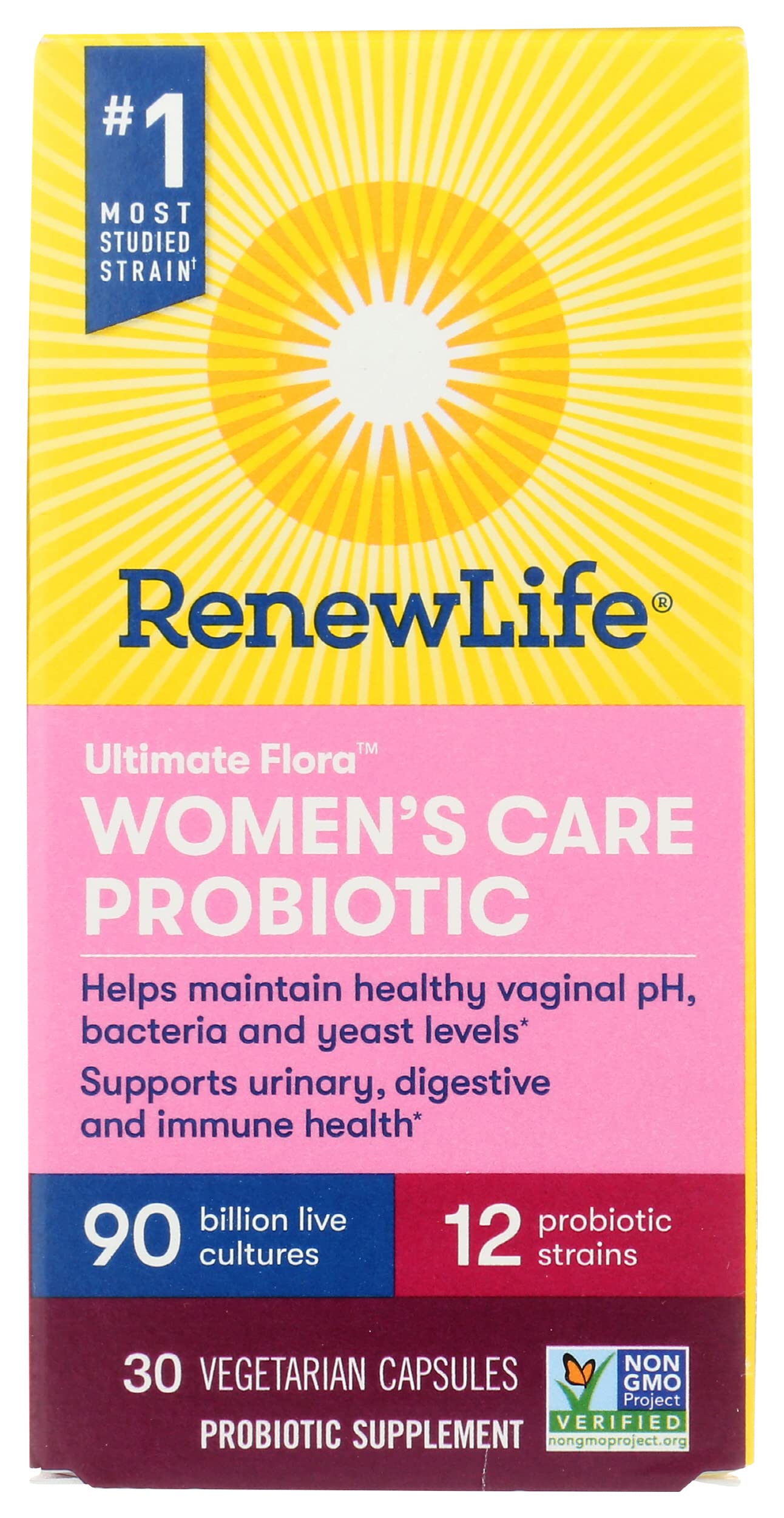 Renew Life Ultimate Flora Women's Care probiotic bottle image, supports gut balance and urinary health.