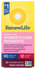Renew Life Ultimate Flora Women's Care probiotic bottle image, supports gut balance and urinary health.