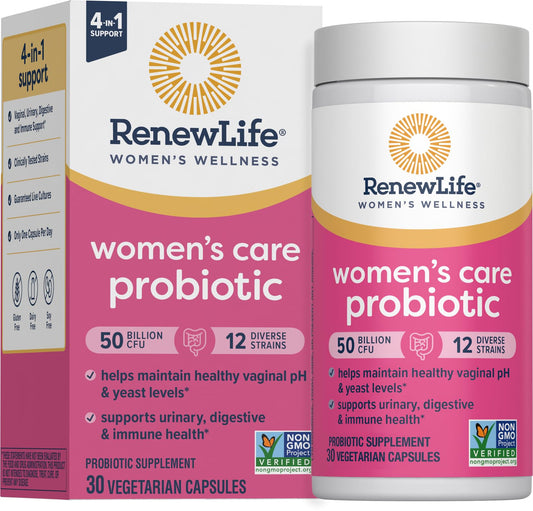 Renew Life Women's Care Probiotic bottle displaying 50B CFU for vaginal, urinary and digestive support.