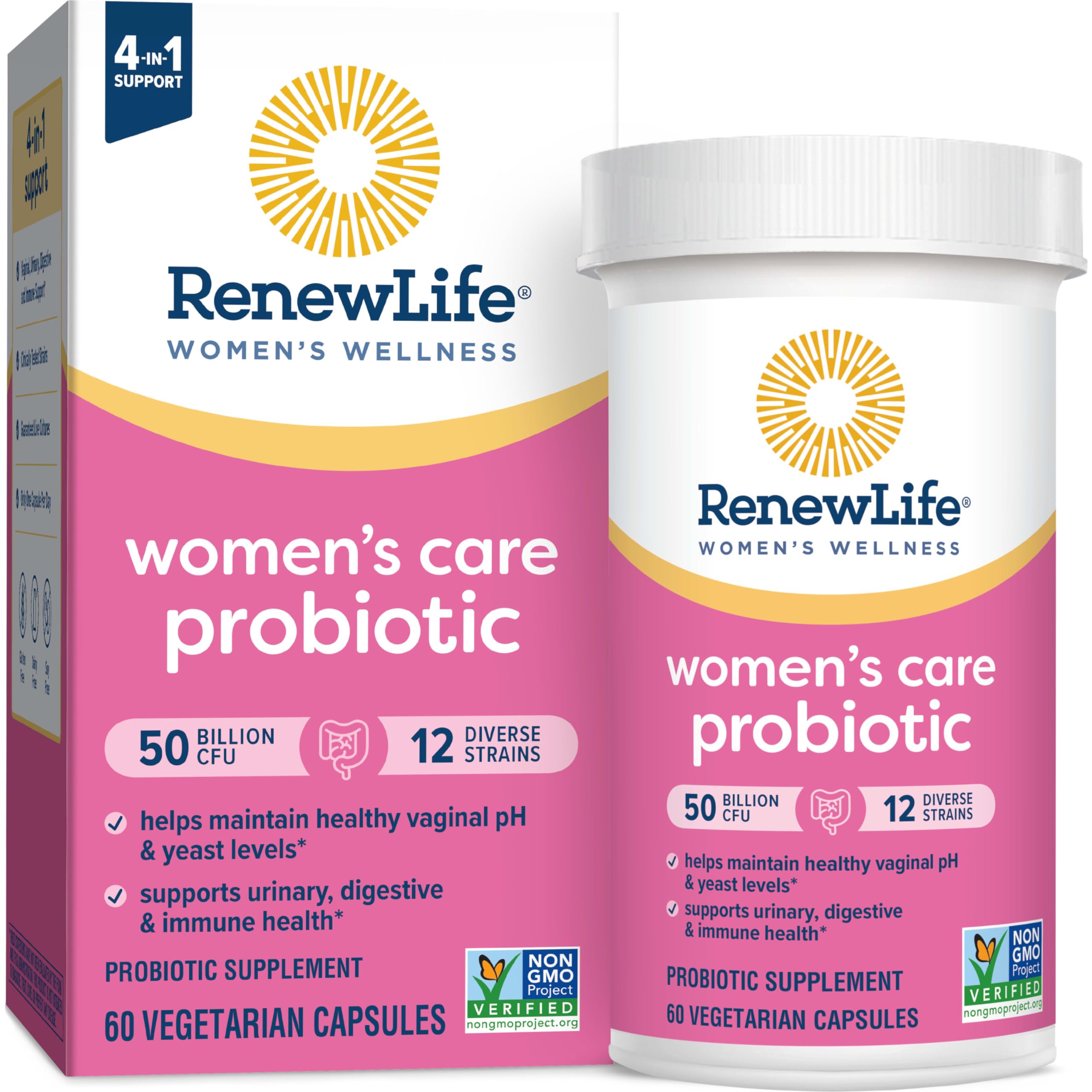 Renew Life Women's Probiotic on a clean surface suggests digestive and immune support.