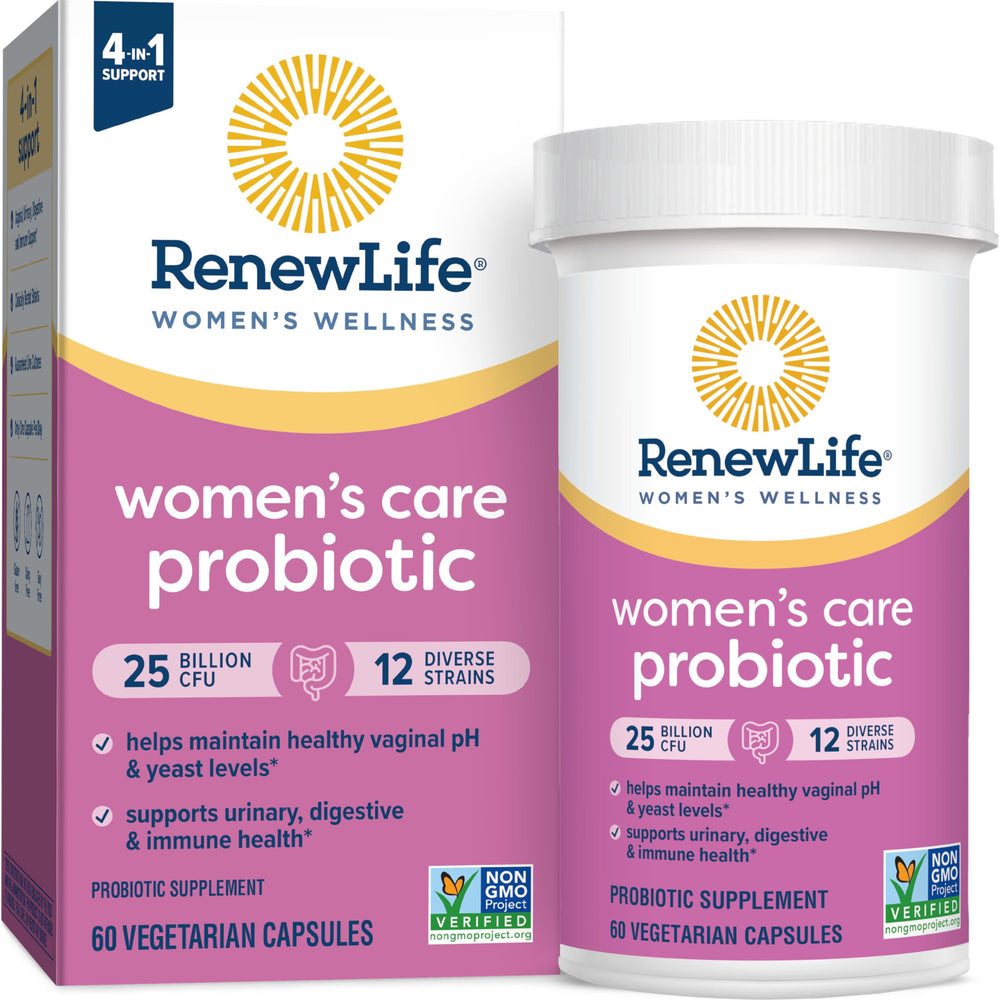 Renew Life Women's Probiotic bottle front; supports vaginal pH balance and urinary health