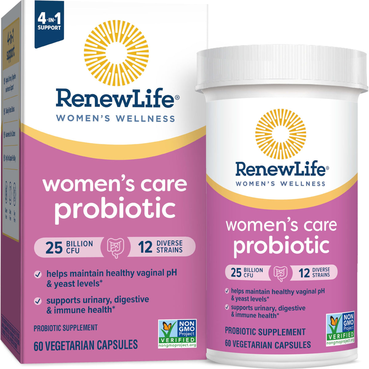 Renew Life Women's Probiotic bottle front; supports vaginal pH balance and urinary health
