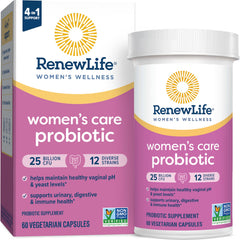 Renew Life Women's Probiotic bottle front; supports vaginal pH balance and urinary health