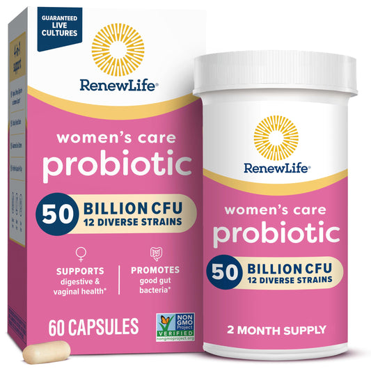 Renew Life Women's Probiotic bottle pour illustrates 50 billion live cultures for daily balance.