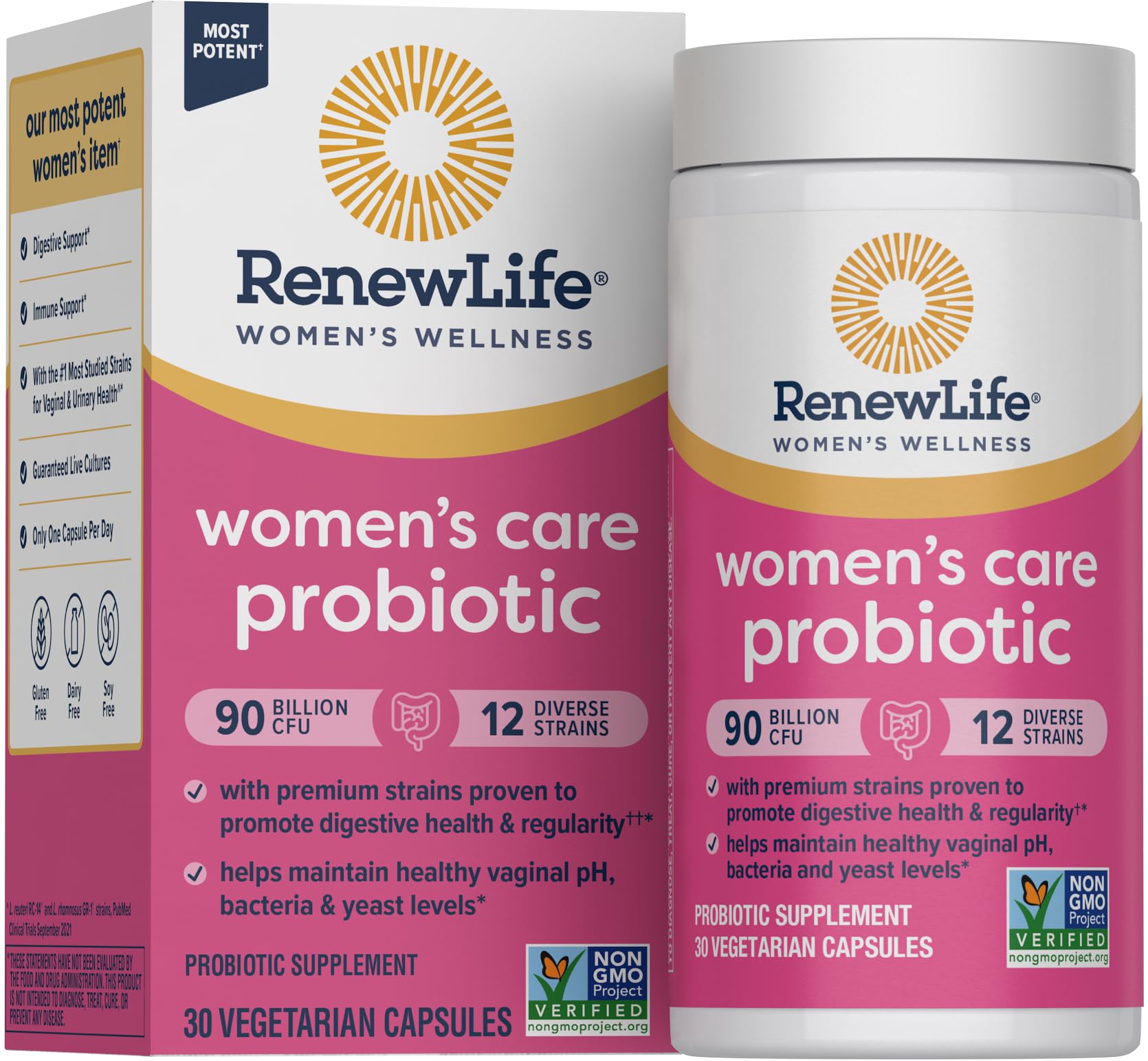Renew Life Women's Probiotic bottle close-up with 90B CFU for vaginal, urinary, digestive support