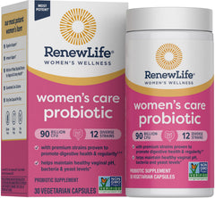 Renew Life Women's Probiotic bottle close-up with 90B CFU for vaginal, urinary, digestive support