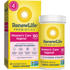 Renew Life Women's Probiotic bottle front view highlighting 50B CFU for vaginal and digestive support