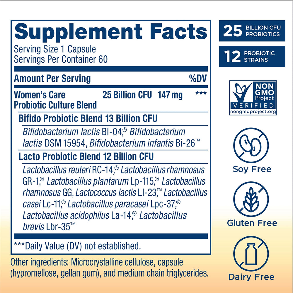 Renew Life Women's Probiotic capsules close-up; 25B CFU per capsule for daily support