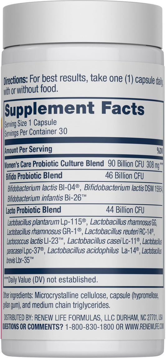 Renew Life probiotic capsules label shown, highlighting 12 strains for diverse gut and immune health