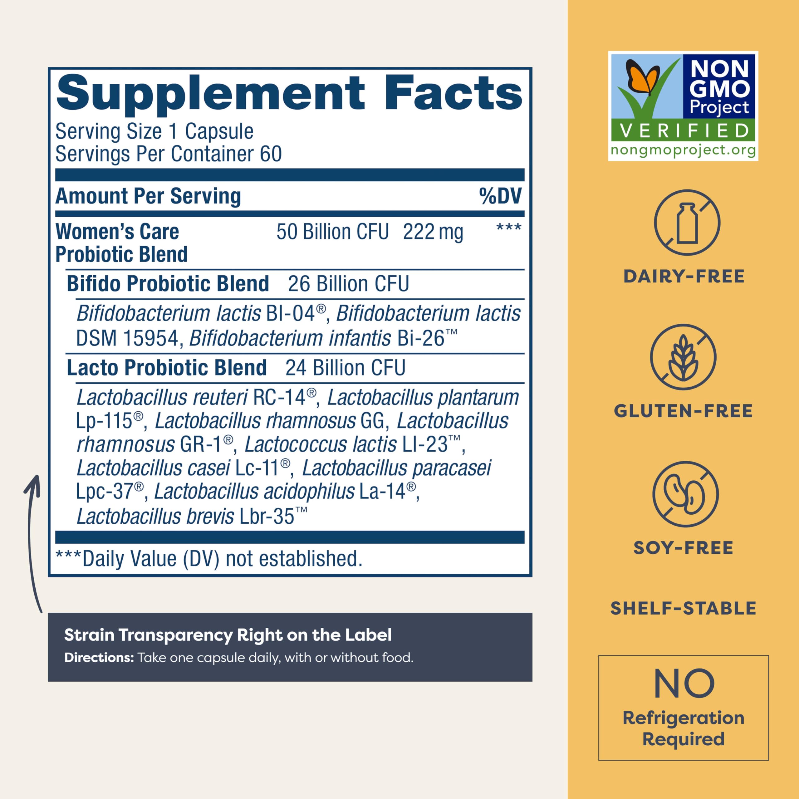 Renew Life Women's Probiotic capsules close-up highlights delayed-release delivery to the gut.