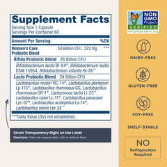 Renew Life Women's Probiotic capsules close-up highlights delayed-release delivery to the gut.