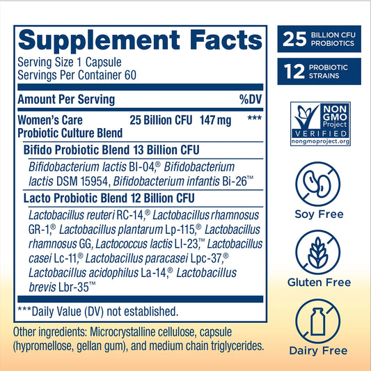 Renew Life Women's Probiotic capsules close-up; 25B CFU per capsule for daily support