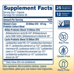 Renew Life Women's Probiotic capsules close-up; 25B CFU per capsule for daily support