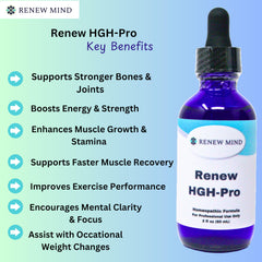 RENEW MIND Renew HGH Pro label closeup highlights clean, gluten-free homeopathic formula.