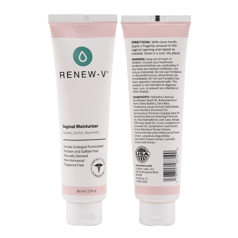 Renew-V product shown on a bathroom shelf for private daily care.