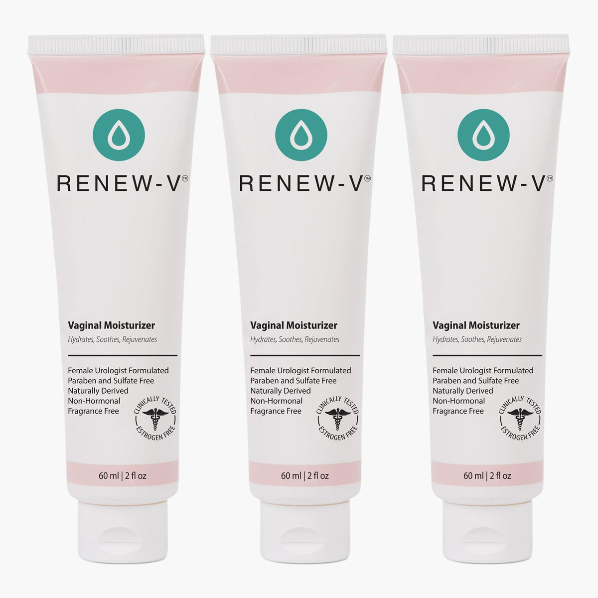 Renew-V vaginal moisturizer bottle close-up for long-lasting hydration and soothing relief