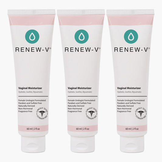 Renew-V vaginal moisturizer bottle close-up for long-lasting hydration and soothing relief