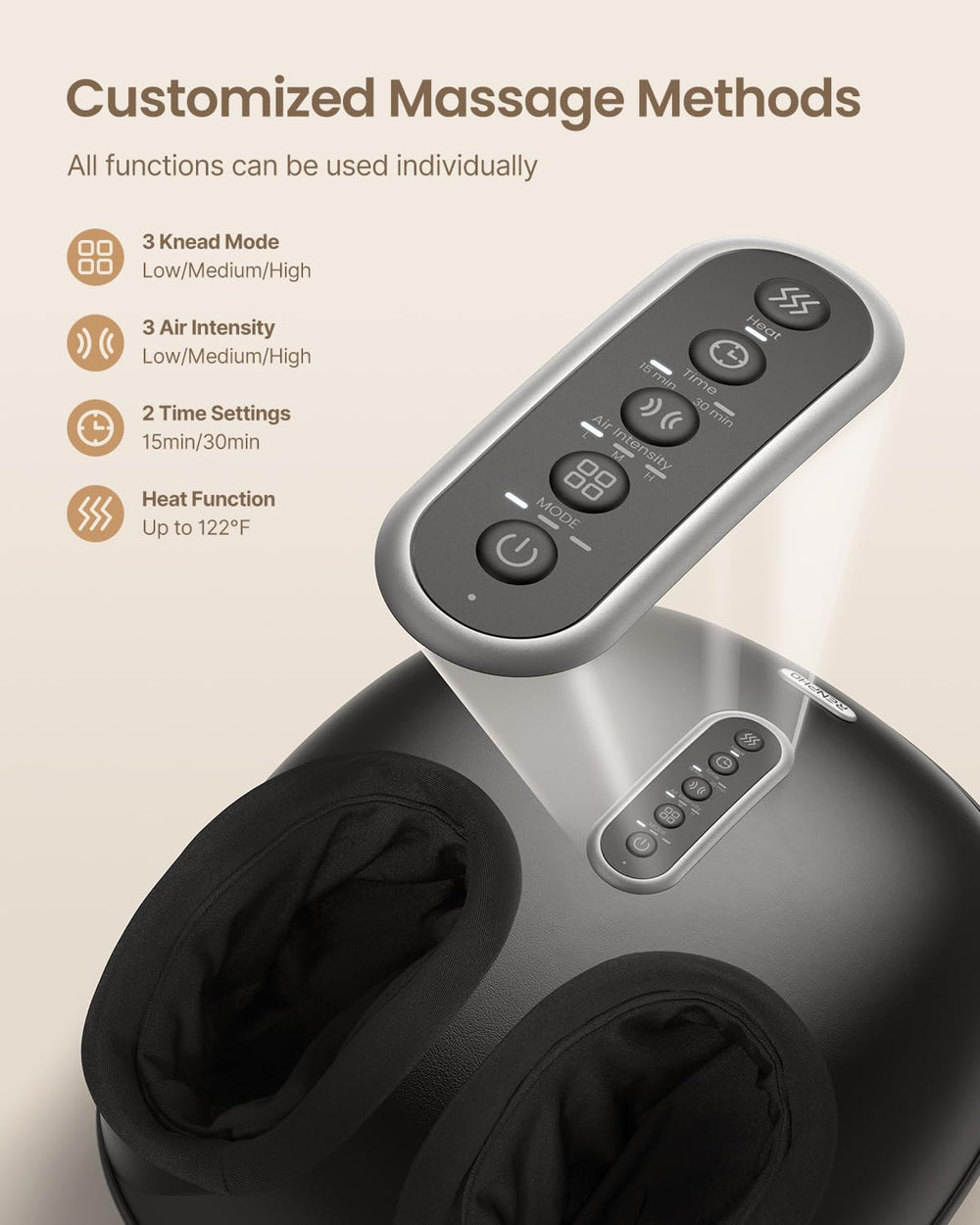 Renpho foot massager arch kneading soothes arches with deep, customizable massage.