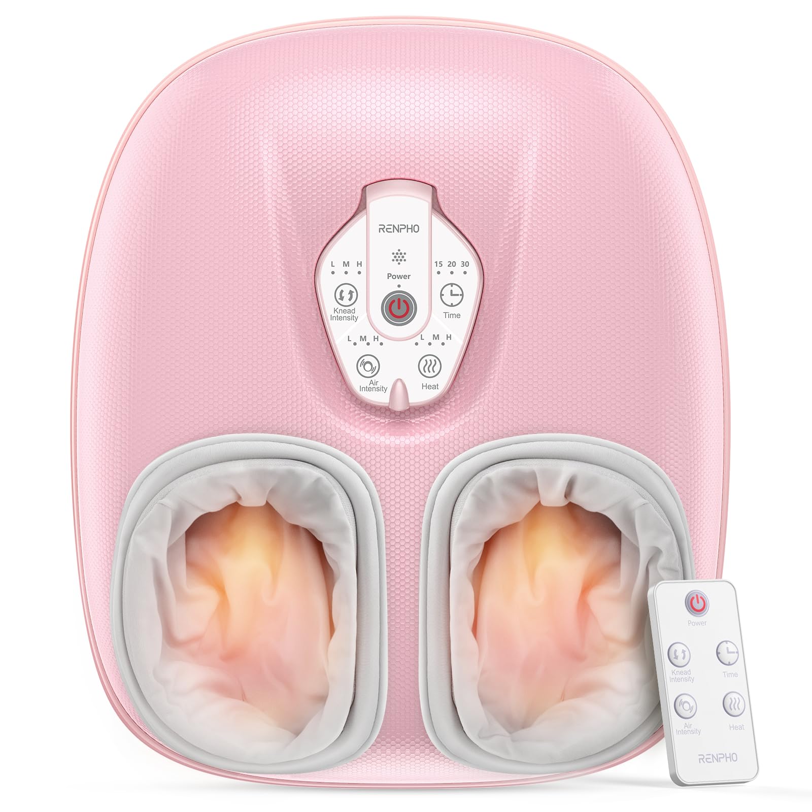 RENPHO foot massager with heat showing 360-degree wraps for full-foot relief.