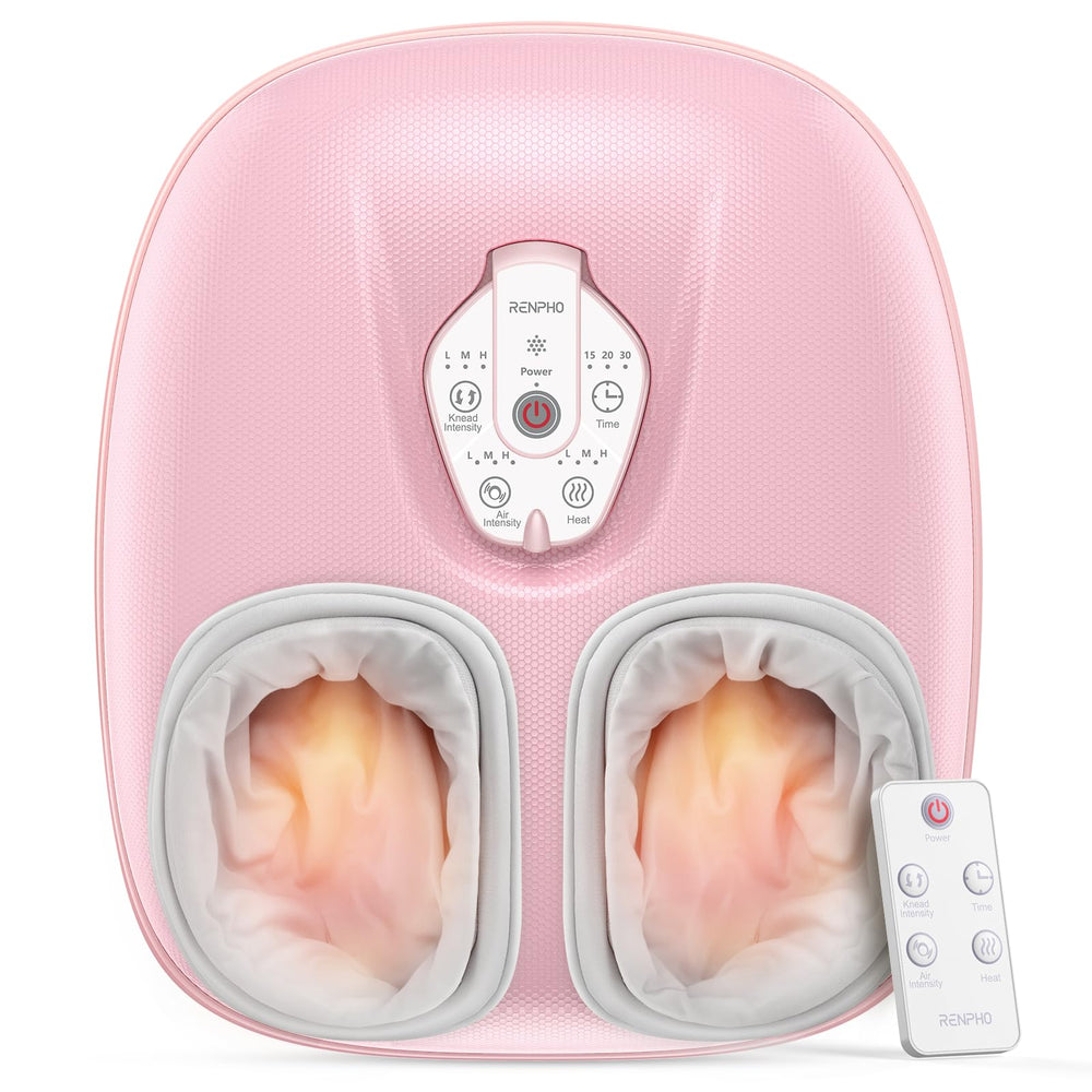 RENPHO foot massager with heat showing 360-degree wraps for full-foot relief.