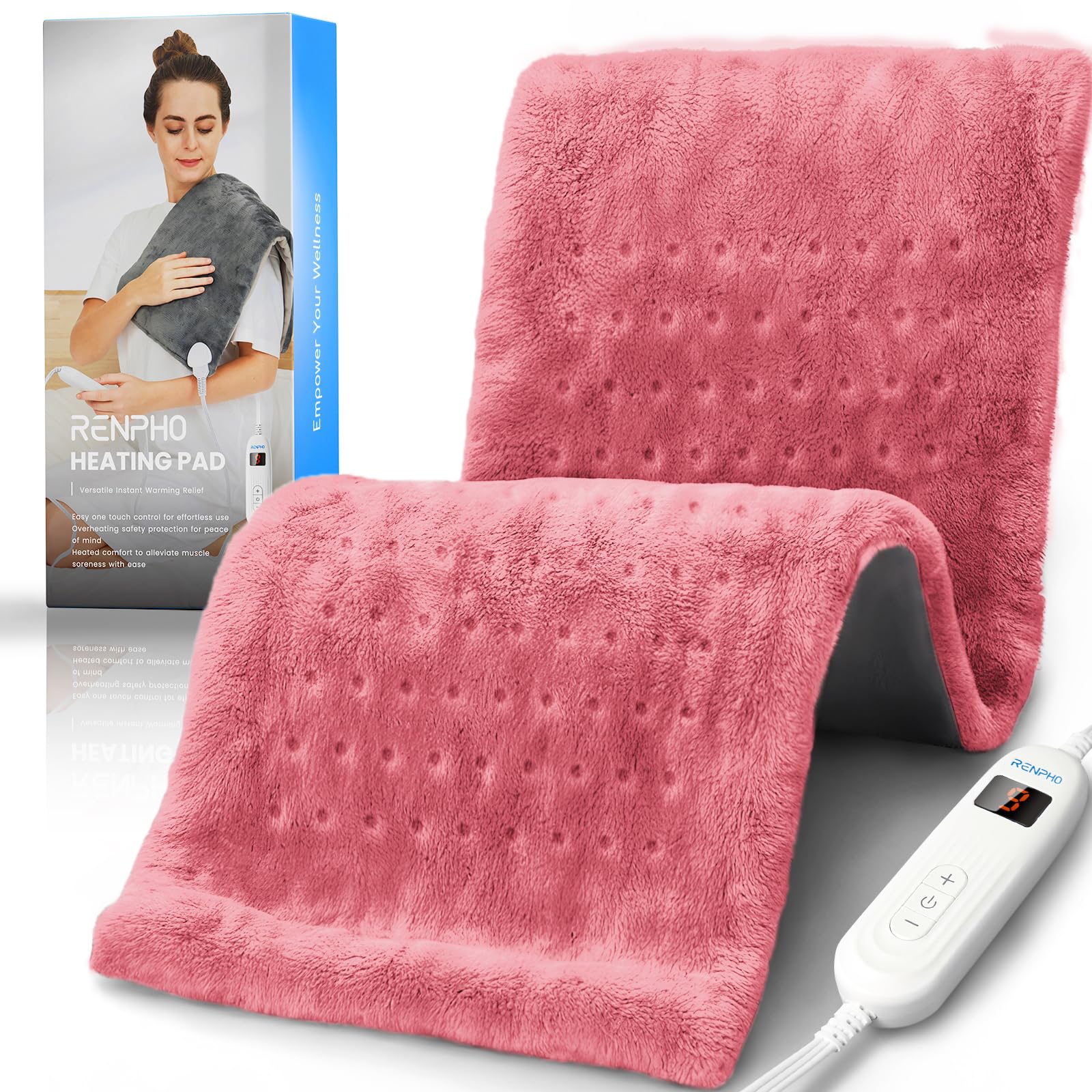 RENPHO heating pad back 12x24 in pink for full-back warmth and relief.