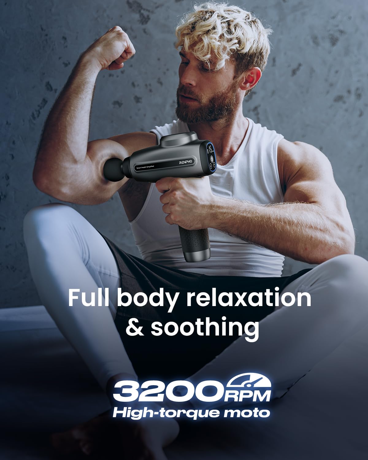 RENPHO massage gun with six heads for full-body massage options.