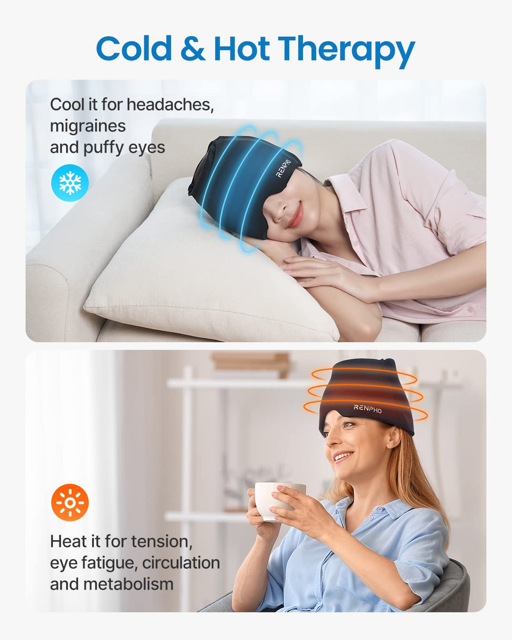 Renpho Migraine Relief Cap offering heat and cold therapy for versatile relief.
