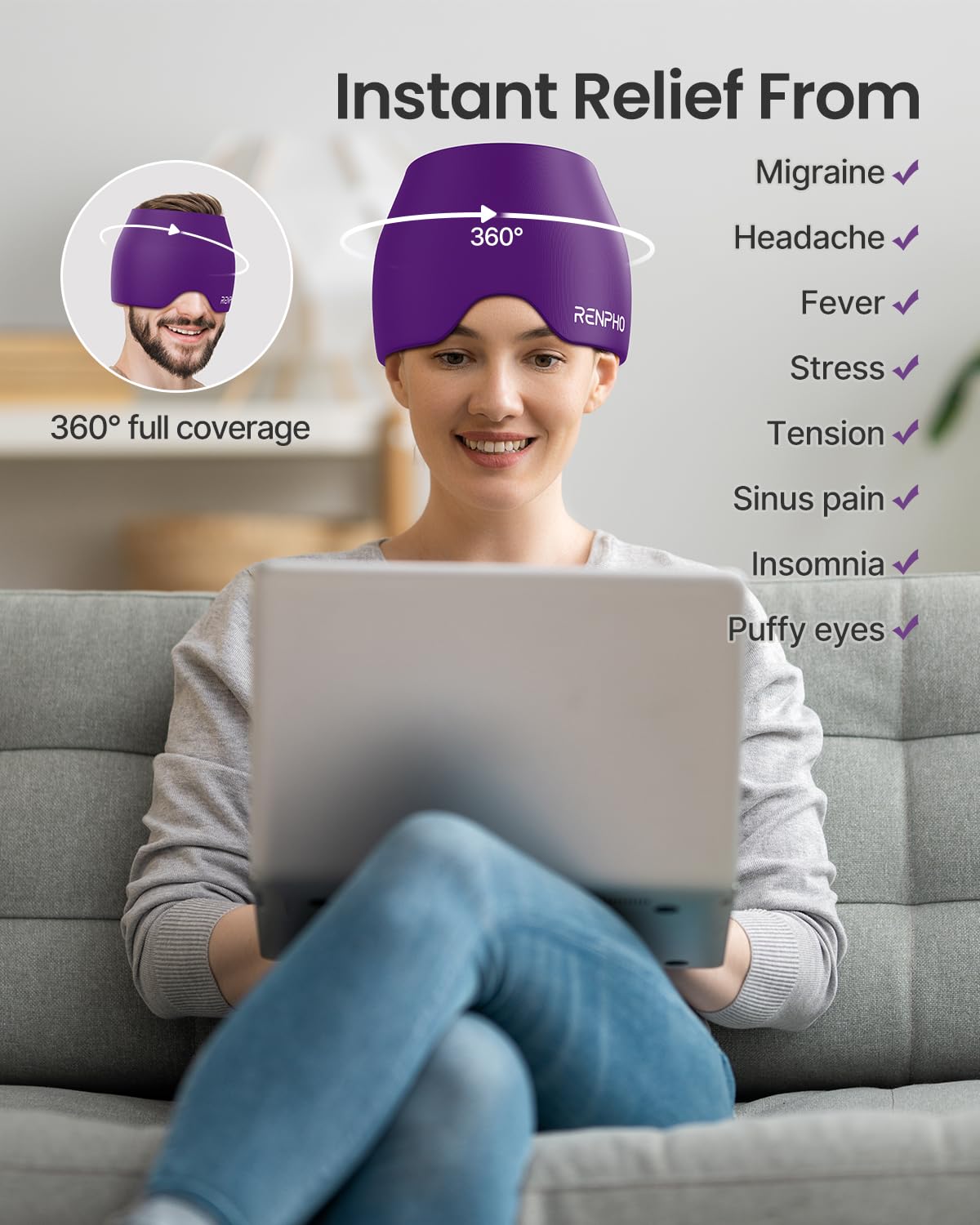 RENPHO Migraine Relief Cap applying ice therapy for targeted relief