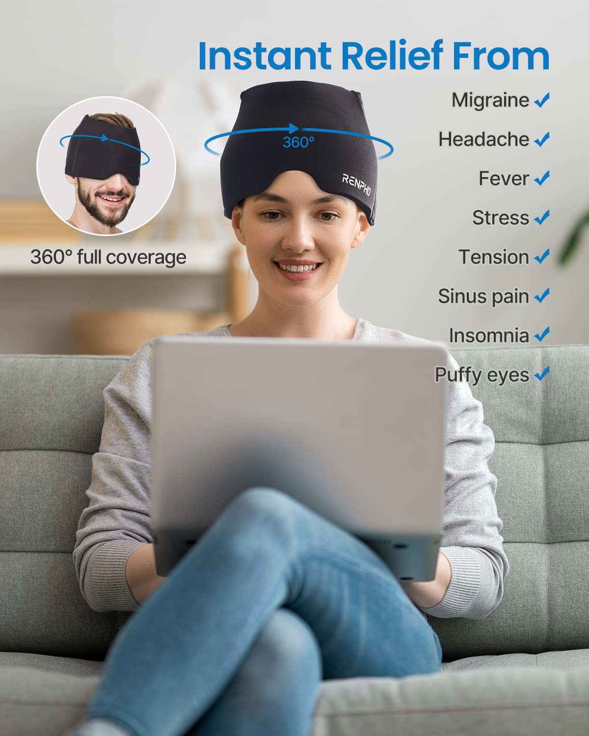Renpho Migraine Relief Cap side view highlighting 360° fit and comfortable pressure.