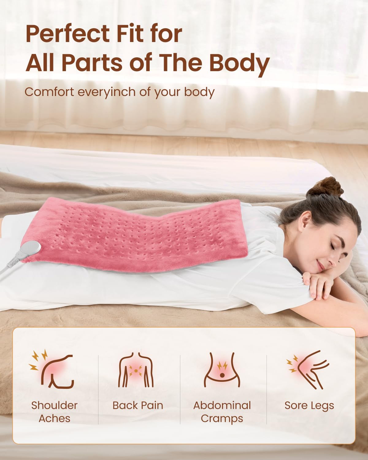 RENPHO pink heating pad with machine-washable cover for easy cleaning.