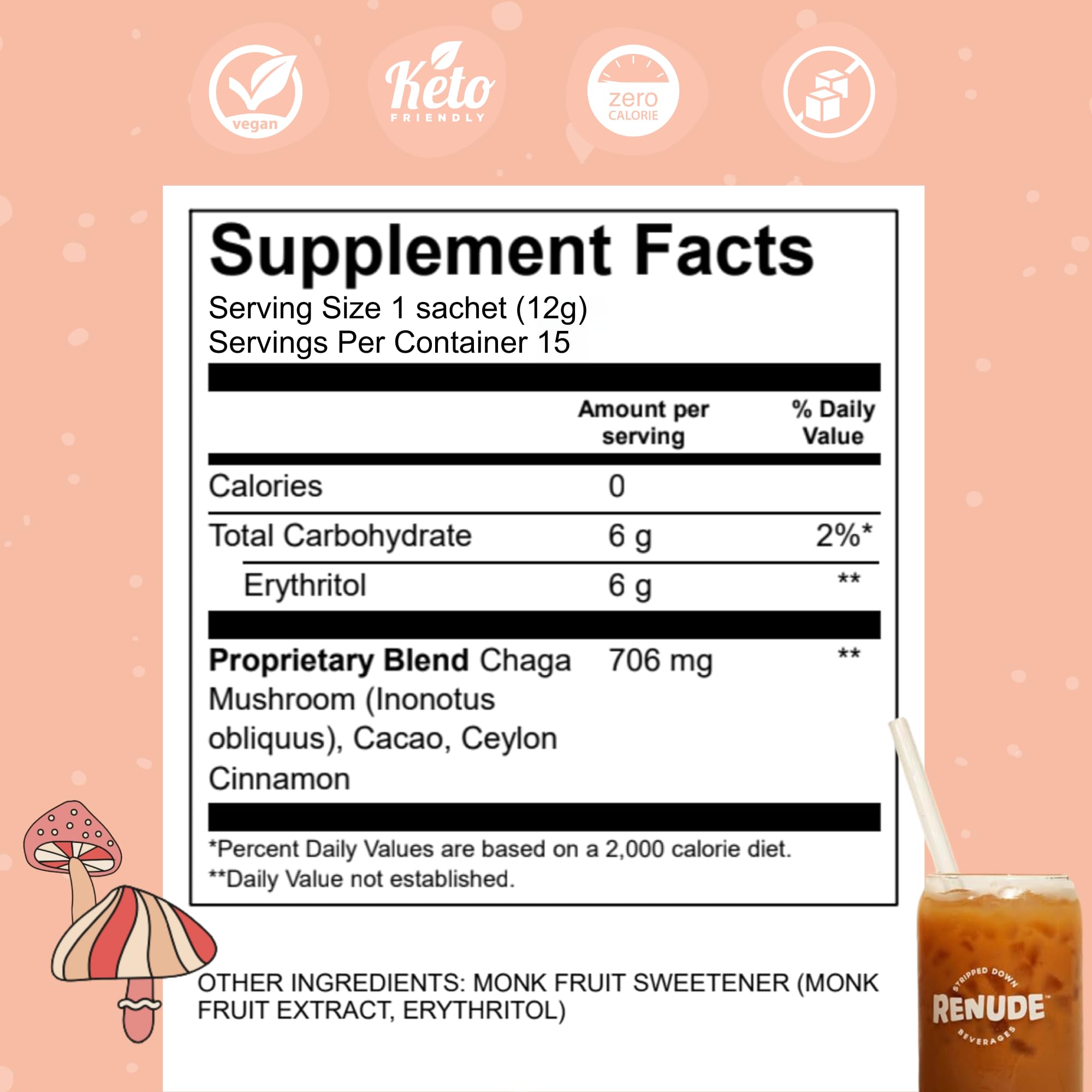 Glass of Renude Chagaccino drink highlighting zero calories and keto-friendly mix