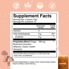 Glass of Renude Chagaccino drink highlighting zero calories and keto-friendly mix