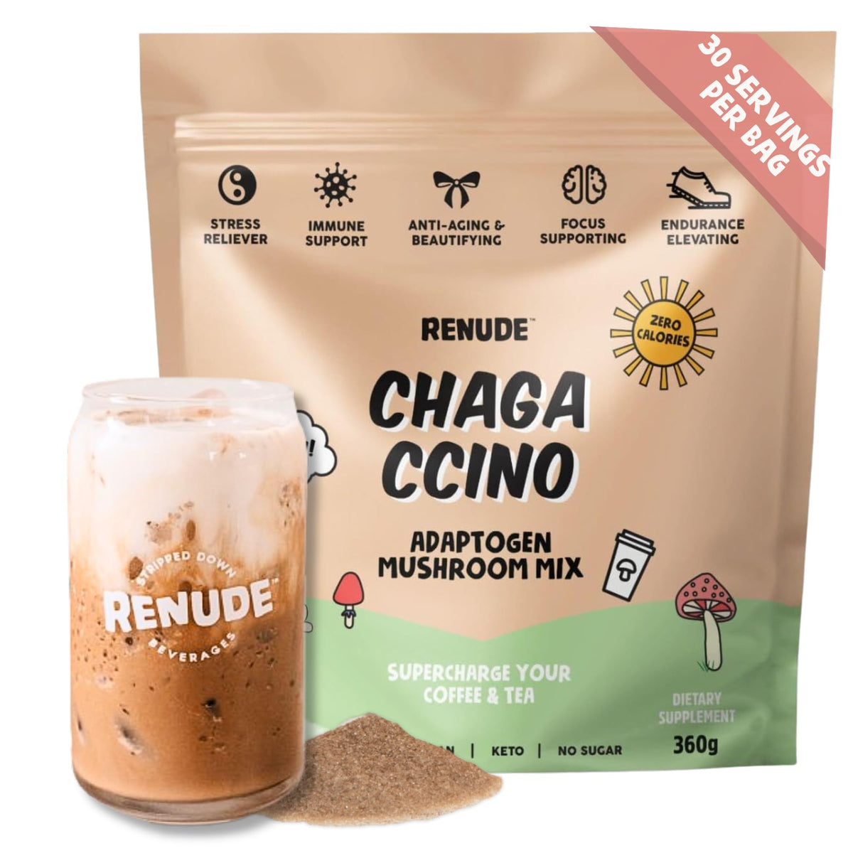 Renude Chagaccino packaging with scoop for easy dosing.
