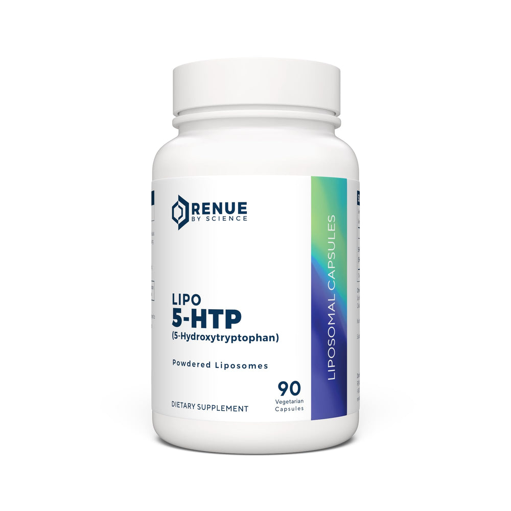 Renue By Science 5HTP bottle front, labeled and ready for daily mood support.