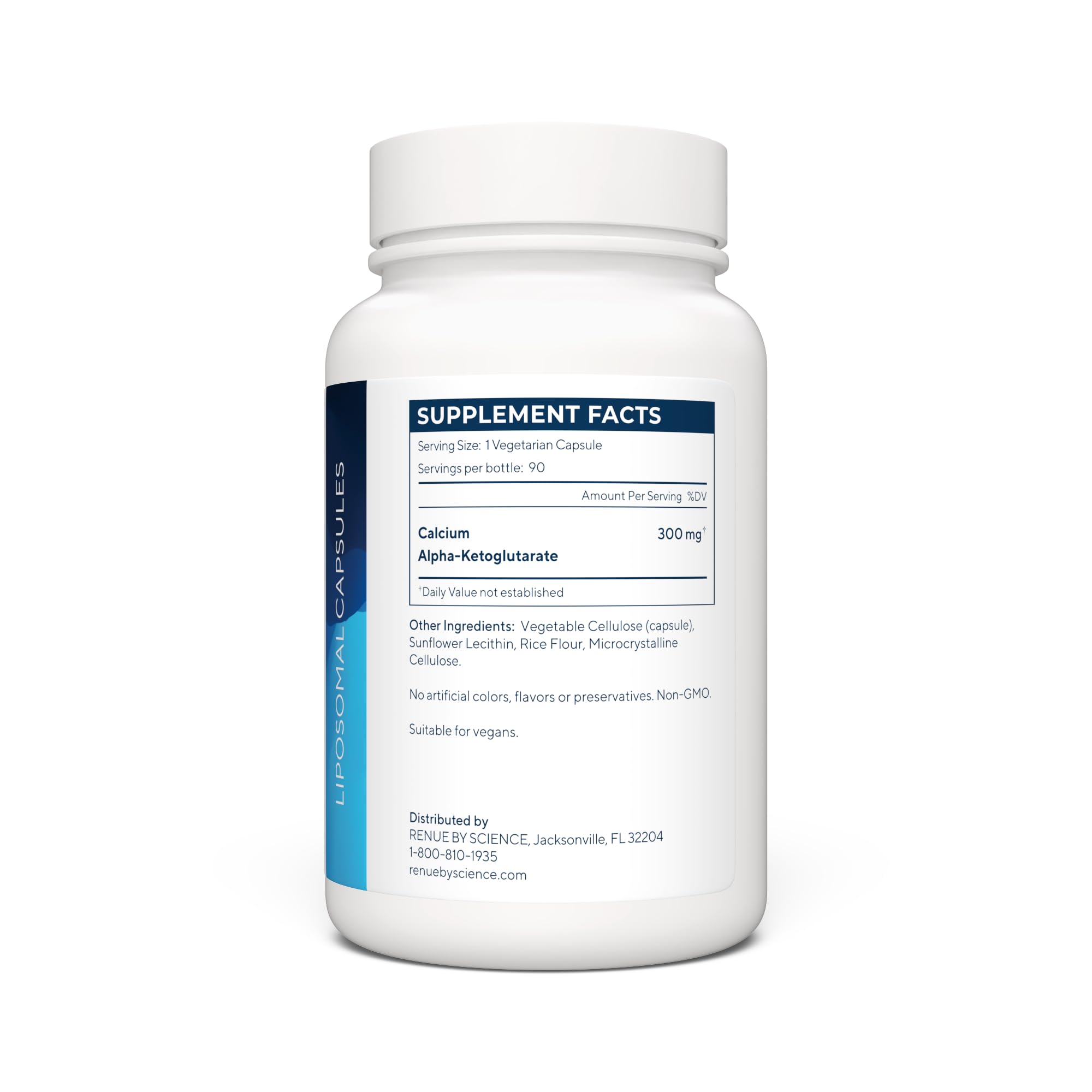 Renue By Science CA AKG bottle front emphasizing convenient daily use for mitochondrial support