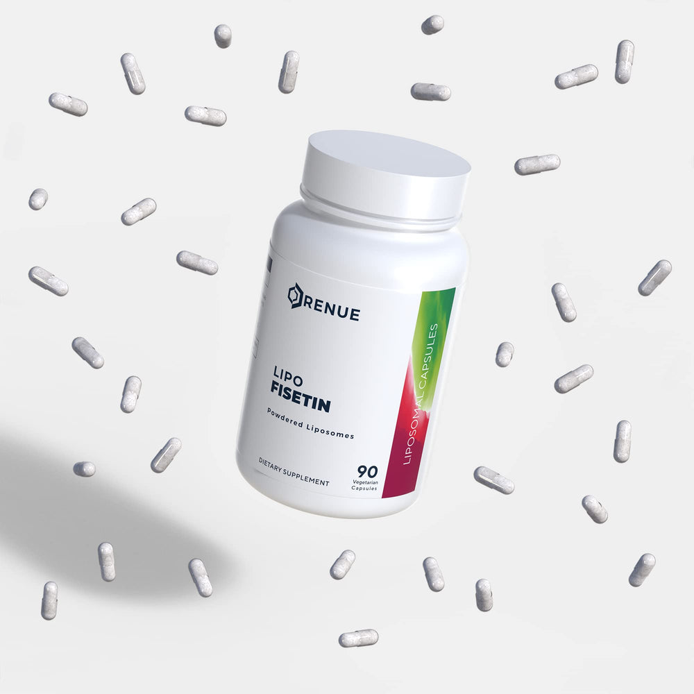 Renue By Science Fisetin packaging box emphasizing non-GMO USA-made production