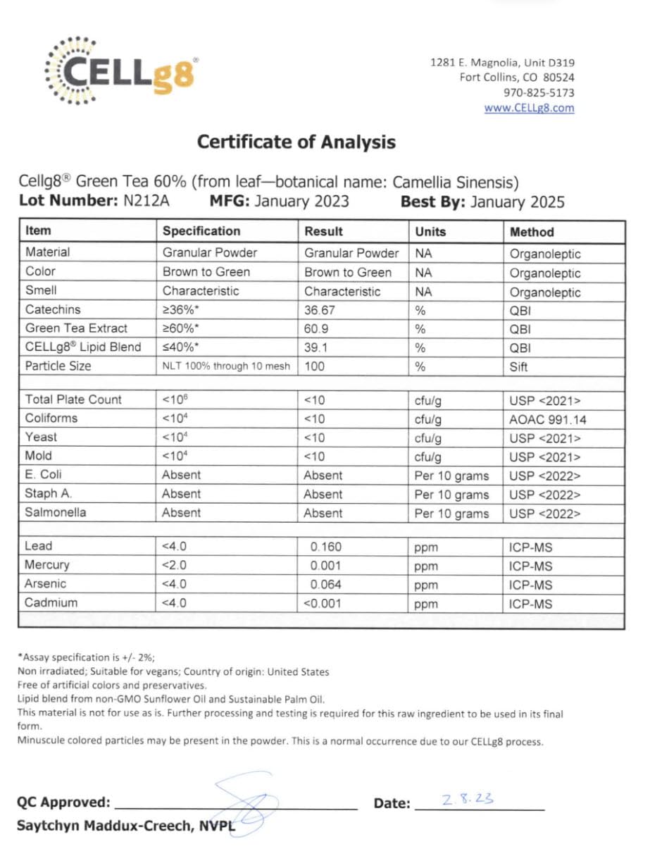 Renue By Science Green Tea Extract lab test results showing third-party verification