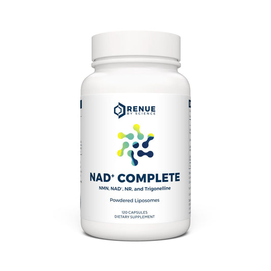 Renue By Science LIPO NAD Complete bottle front showing 120 capsules for daily wellness support.