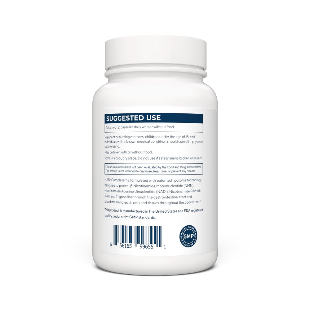 Renue By Science LIPO NAD Complete capsules close-up featuring NMN and NAD per serving.